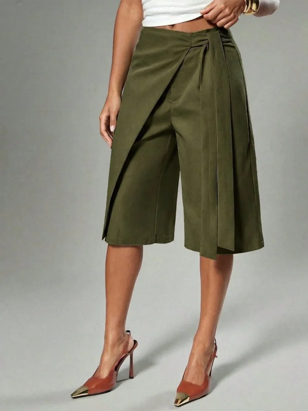 Army Green Casual Wrap Wide Leg Women's Bermuda Shorts with Tie Detail